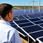 A professional engineer, fully clothed in a modest, modern work uniform, observing advanced machinery within a large-scale green hydrogen electrolysis plant. In the background, rows of highly efficient solar panels stretch across a vast, sun-drenched landscape, with sleek wind turbines gracefully turning under a clear blue sky. The facility design emphasizes clean technology and sustainable energy production. Perfect anatomy, correct proportions, natural pose, well-formed hands, proper finger count, natural body proportions. Safe for work, appropriate content, fully clothed, professional dress, high-resolution photography, realistic, detailed.