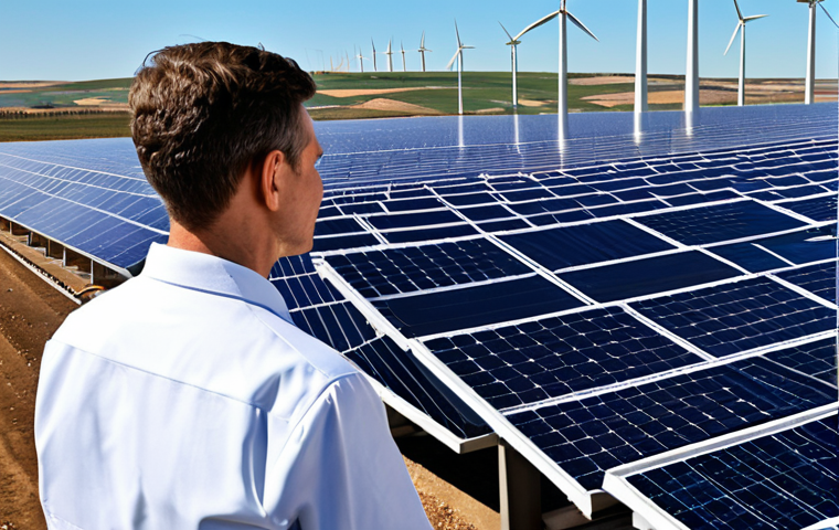 A professional engineer, fully clothed in a modest, modern work uniform, observing advanced machinery within a large-scale green hydrogen electrolysis plant. In the background, rows of highly efficient solar panels stretch across a vast, sun-drenched landscape, with sleek wind turbines gracefully turning under a clear blue sky. The facility design emphasizes clean technology and sustainable energy production. Perfect anatomy, correct proportions, natural pose, well-formed hands, proper finger count, natural body proportions. Safe for work, appropriate content, fully clothed, professional dress, high-resolution photography, realistic, detailed.