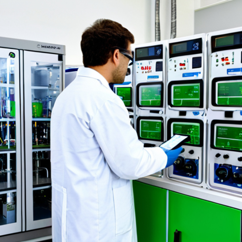 그린 수소 생산을 위한 기술적 도전 - **Efficient Electrolyzer:** A state-of-the-art electrolyzer unit in a clean, modern research lab. Sc...