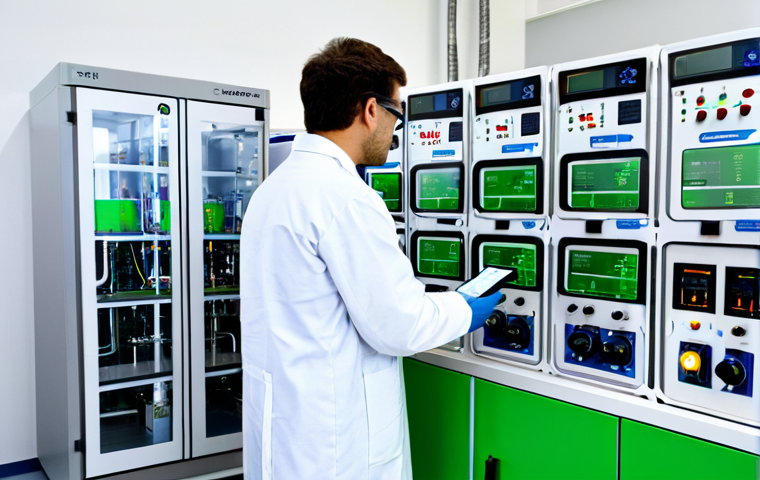 그린 수소 생산을 위한 기술적 도전 - **Efficient Electrolyzer:** A state-of-the-art electrolyzer unit in a clean, modern research lab. Sc...