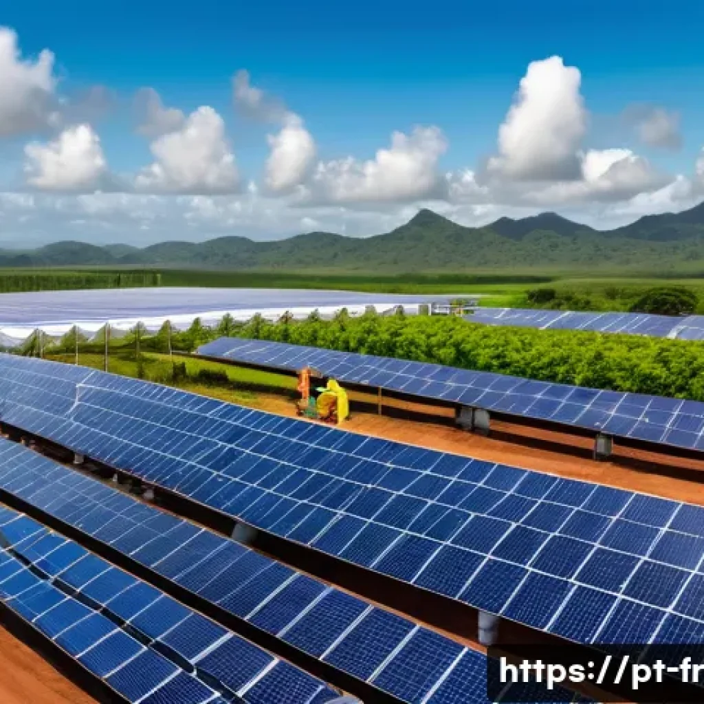 재생 에너지와 그린 수소의 결합 방안 - A vibrant solar hydrogen production facility in Brazil, showcasing large photovoltaic panels under a...