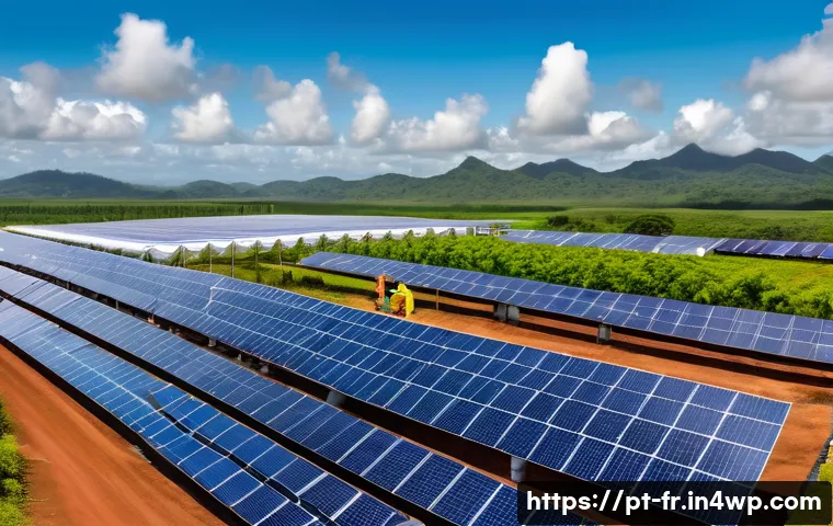 재생 에너지와 그린 수소의 결합 방안 - A vibrant solar hydrogen production facility in Brazil, showcasing large photovoltaic panels under a...