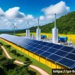Home 16 그린 수소 시장의 투자 기회 - A futuristic Brazilian green hydrogen production facility located in a lush tropical landscape, feat...