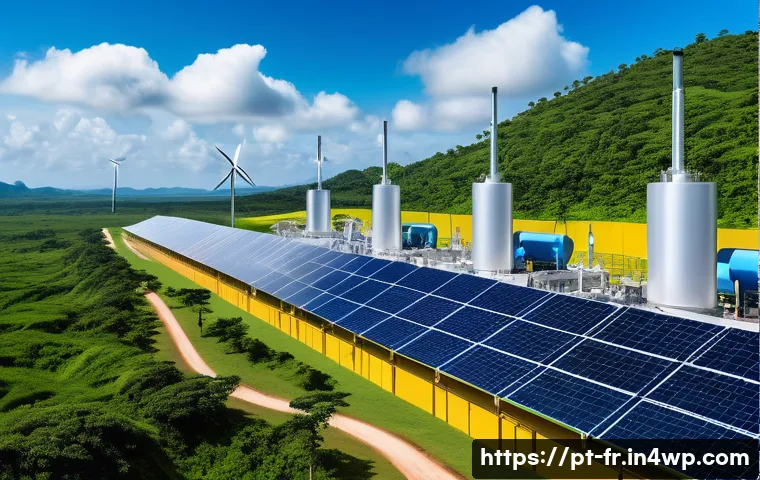 그린 수소 시장의 투자 기회 - A futuristic Brazilian green hydrogen production facility located in a lush tropical landscape, feat...