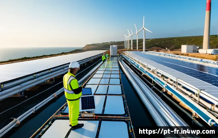 Home 17 그린 수소 산업의 현업 인사이트 - Photorealistic green hydrogen production facility in coastal Portugal, wide eye-level view of gleami...