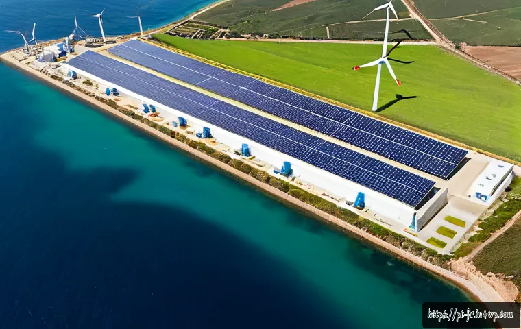 Home 17 전 세계 그린 수소 시장 현황 - Photorealistic wide aerial view of a modern green hydrogen production facility on the Atlantic coast...