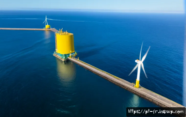 그린 수소의 해양 에너지 활용 가능성 - Photorealistic offshore green hydrogen facility near the Portuguese Atlantic coast, floating wave-en...